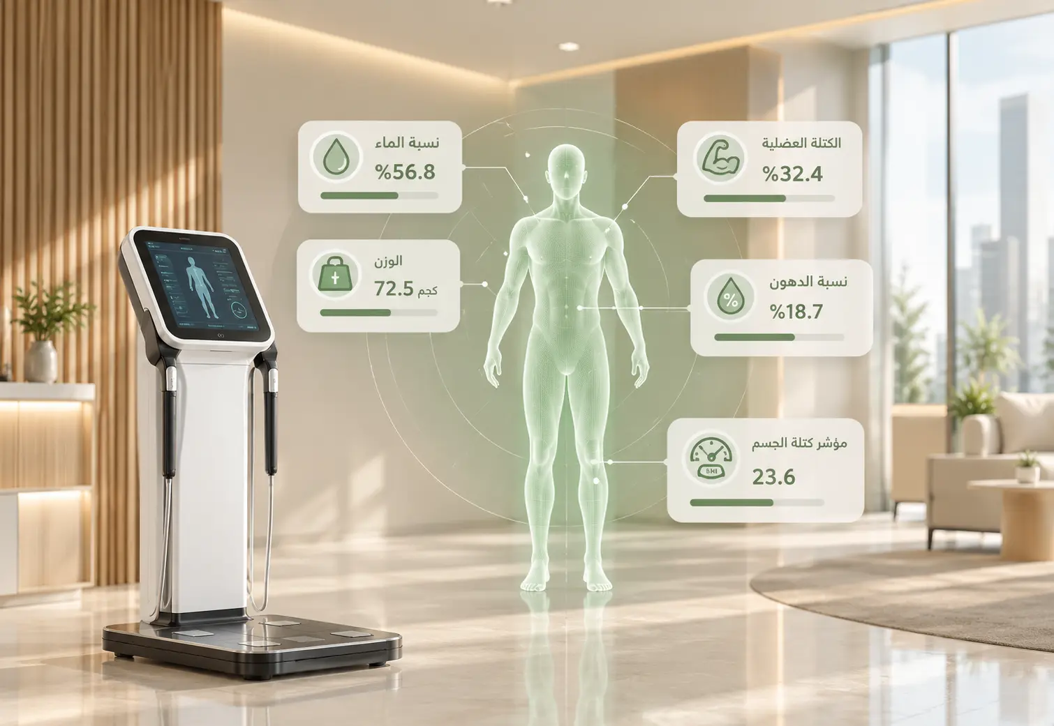 جهاز تحليل تركيب الجسم يعرض قياسات صحية تشمل الوزن ونسبة الدهون والكتلة العضلية ونسبة الماء ومؤشر كتلة الجسم