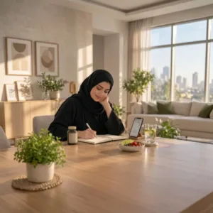 امرأة ترتدي عباءة وحجاباً تكتب في دفتر ملاحظات على طاولة مع هاتف ذكي وطعام صحي