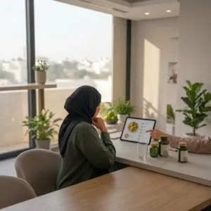 امرأة محجبة في استشارة تغذية تستعرض خطة وجبات صحية على جهاز لوحي