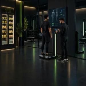 مدرب يراجع بيانات تحليل تكوين الجسم على جهاز لوحي لرجل يقف على جهاز مسح ذكي