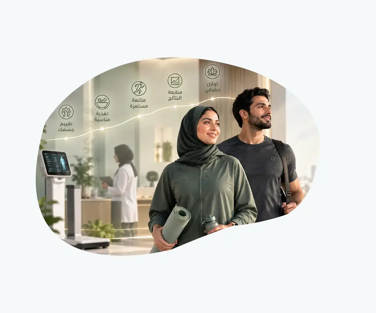 رجل وامرأة بملابس رياضية يستعرضان مراحل الصحة: تقييم جسمك، تغذية مناسبة، متابعة مستمرة، متابعة النتائج، وتوازن حقيقي